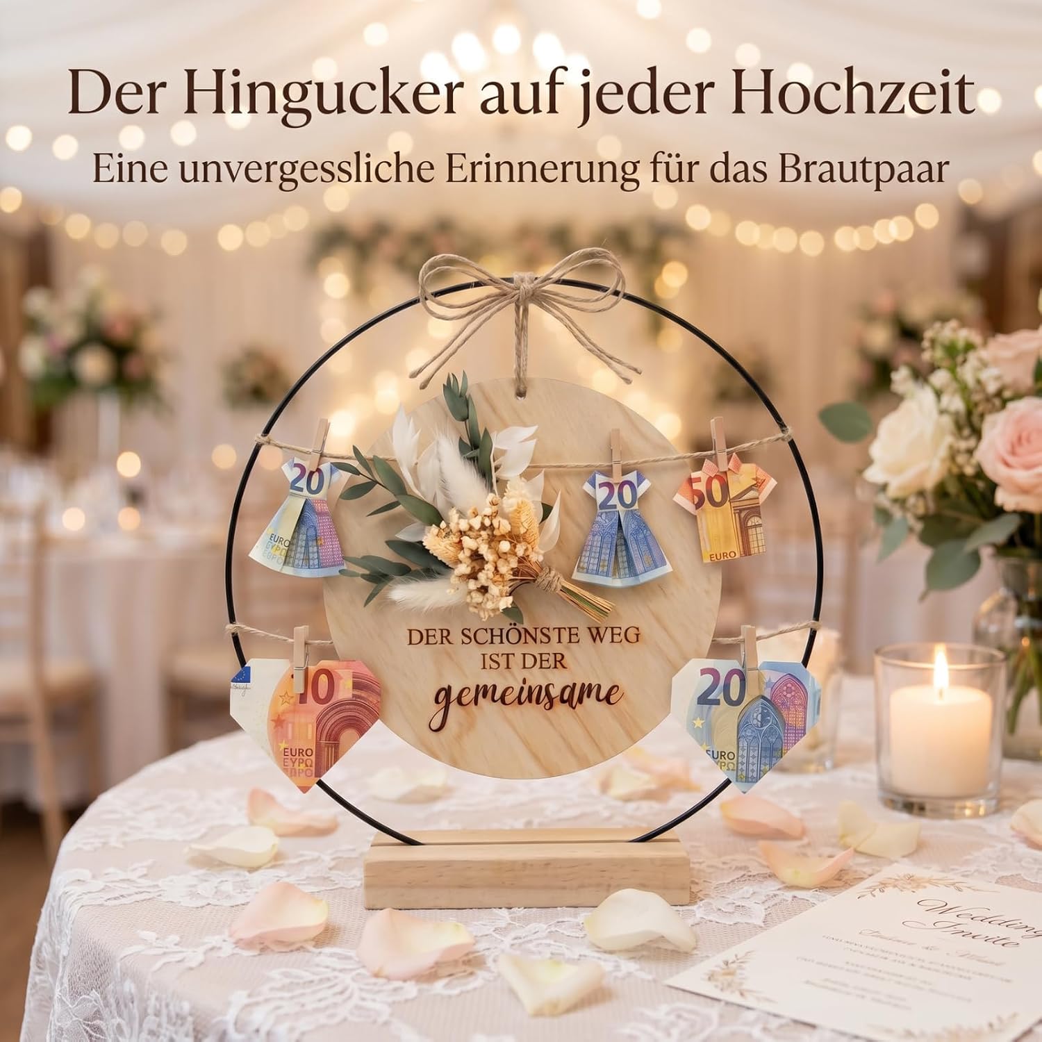 Wedding Money Gift - Creative Money Gifts for Bride and Groom Made of Wood & Metal Ring, Boho Wedding Gift with Eucalyptus and Saying "Der schönste Weg ist der gemeinsame", Money Packaging – Bild 4