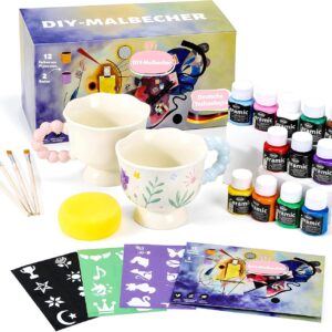 DIY Ceramic Painting Set - Includes 2 Cups for Painting, Paints, Brushes & Stencils, Cup Painting Set for Beginners, DIY Craft Set, Creative Gift for Adults