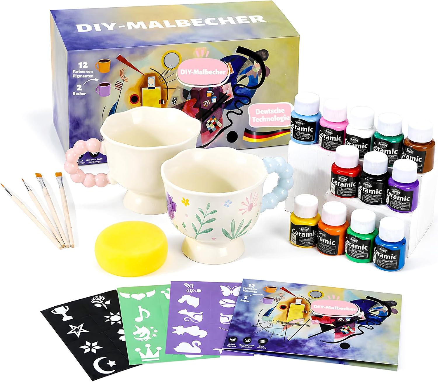 DIY Ceramic Painting Set - Includes 2 Cups for Painting, Paints, Brushes & Stencils, Cup Painting Set for Beginners, DIY Craft Set, Creative Gift for Adults