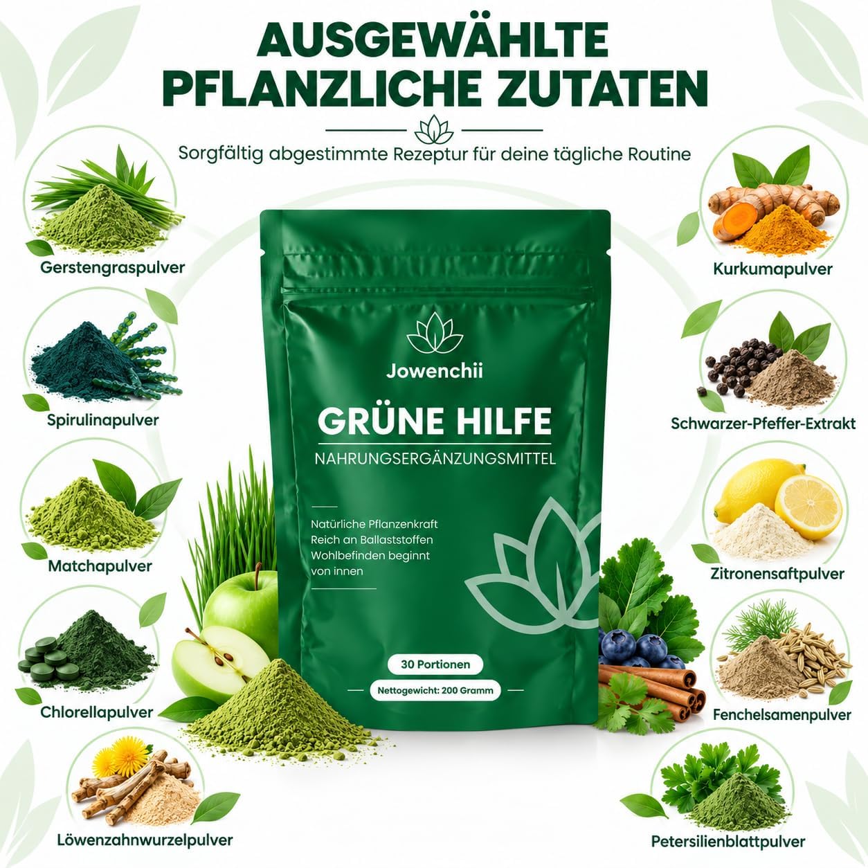 Green Superfood Powder 200 g - Vegetable Superfood Blend with Barley Grass, Spirulina, Matcha, Chlorella, Wild Blueberry & Inulin - Green Drink with Apple Flavour, Vegan & No Added Sugar – Bild 2