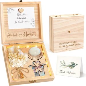 inyeskon Wedding Money Gift, Wedding Gifts for Bride and Groom, Money Gift, Wedding Wooden Boxes with Dried Flowers, Wooden Love Magnet and Greeting Card