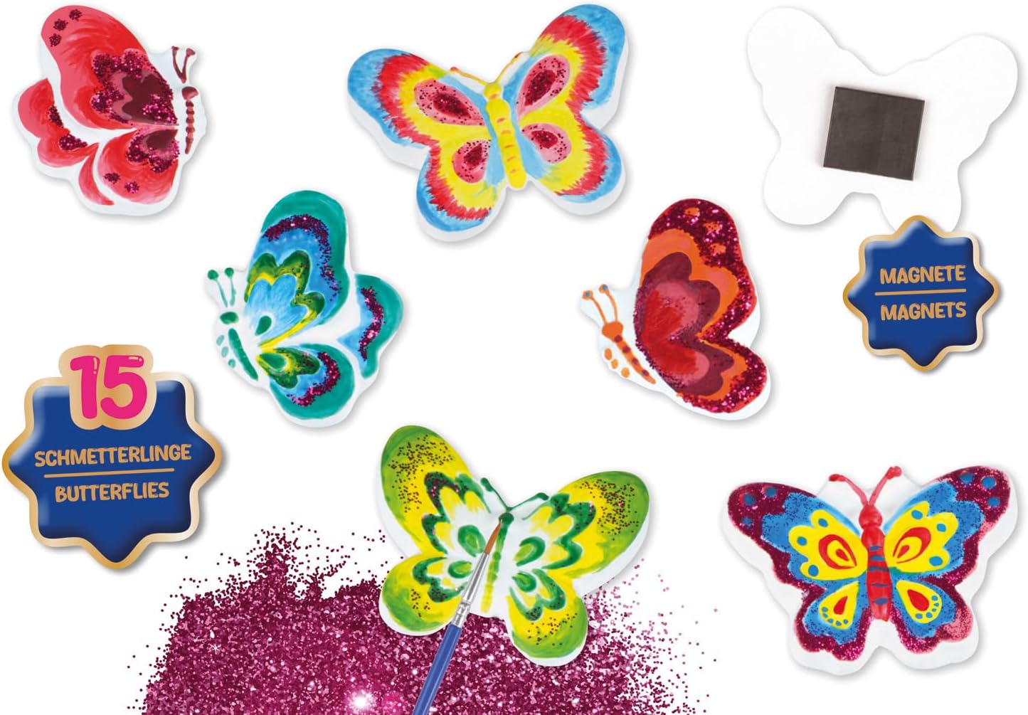 Lena 42707 Plaster Casting Set, Glitter Butterflies, Creative Set for Children from 8 Years for Self-Casting of Charming Butterflies, with Plaster, Moulds, Glitter and Tools – Bild 2