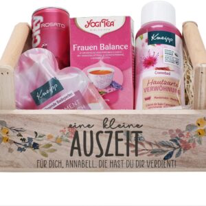 Herz & Heim Gift Set for Women with Beauty Products in Personalised Wooden Gift Basket, Choice of Designs (Little Break)