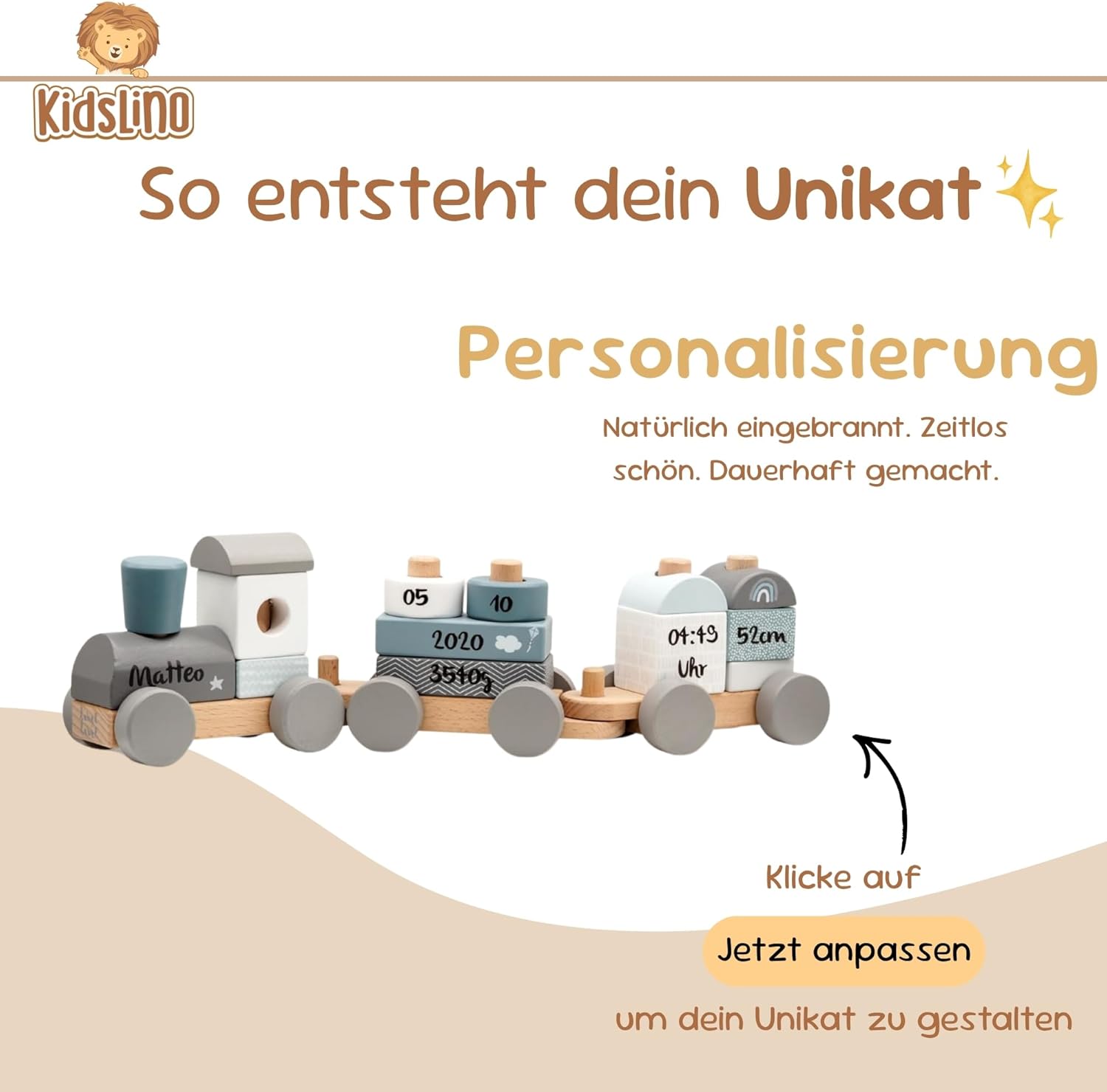 Personalised Wooden Train Blue - Personalised Gifts Baby I Plug Toy I Gift for Birth Boy I Wooden Train with Name & Birth Data - Label Label – Bild 6