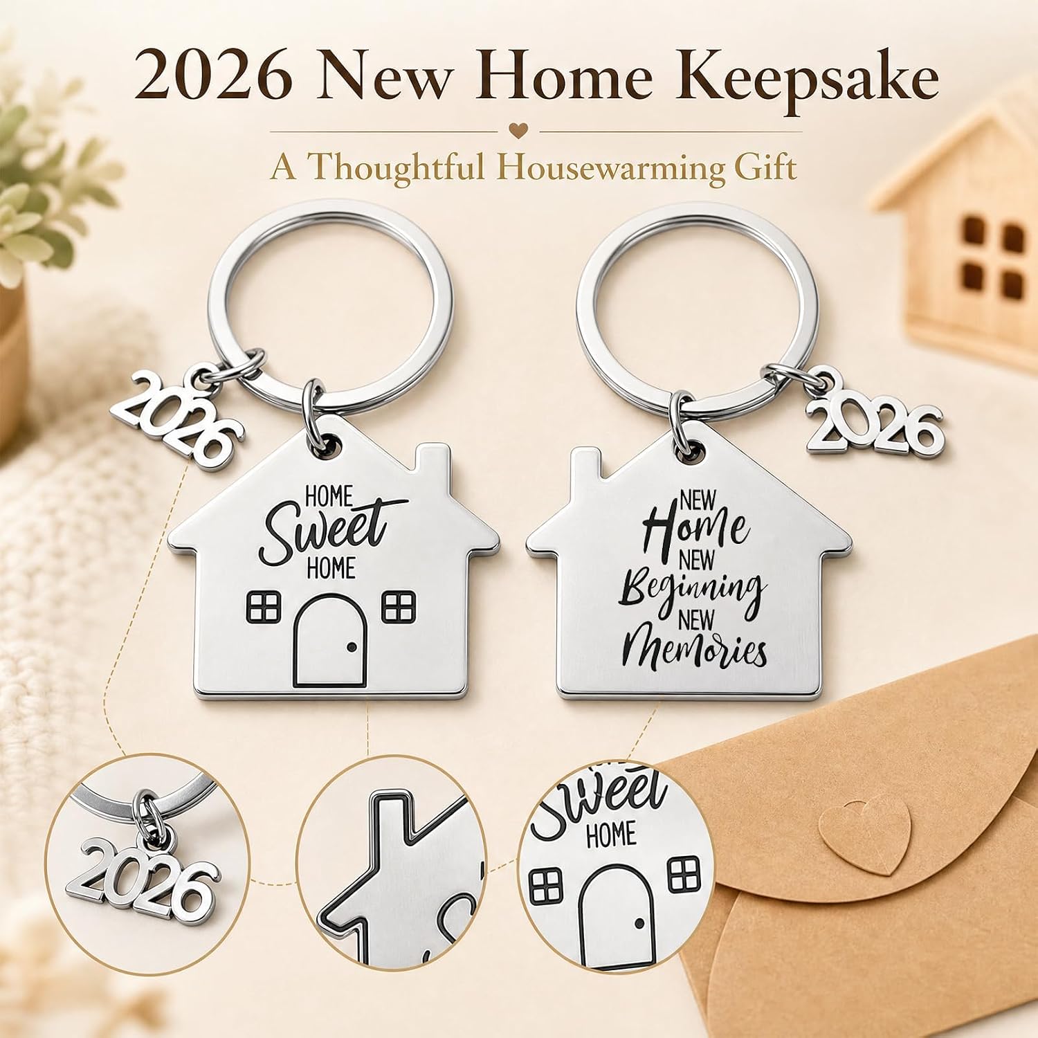 Pack of 2 Home Keyrings with Envelope Gift for Housewarming 2026 Housewarming Gifts Apartment New Home Gift Key Chain for New Home Buying and Moving – Bild 7