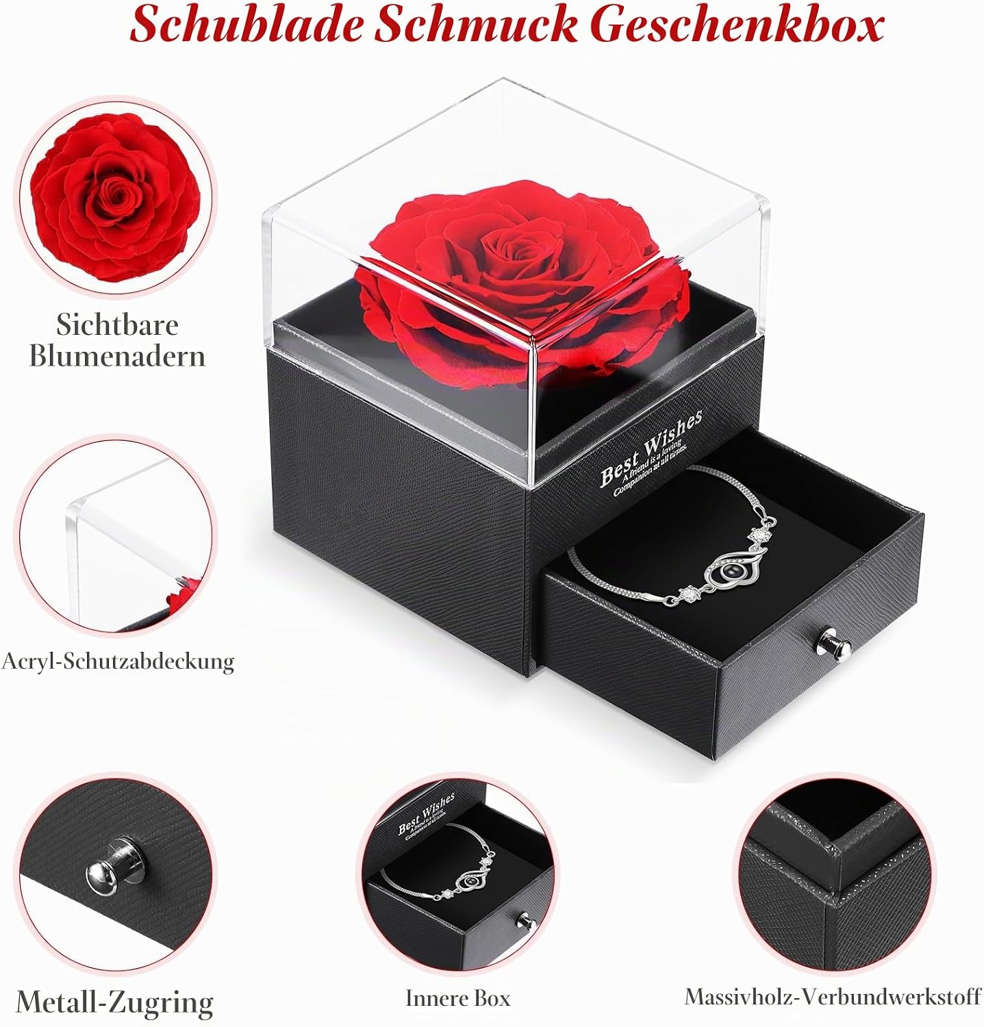 ALLOMN Rose Gifts for Women Mum Girlfriend Eternal Real Rose Preserved Infinity Roses Gift Box with I Love You Bracelet for Mother's Day Birthday Valentine's Day Anniversary Christmas – Bild 5