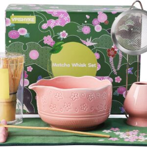 Matcha Set, Matcha Tea Set 7 Pieces with Matcha Broom Bowl, Strainer & Accessories, Perfect Gift Premium Matcha Set for Traditional Japanese Lovers (Pink)