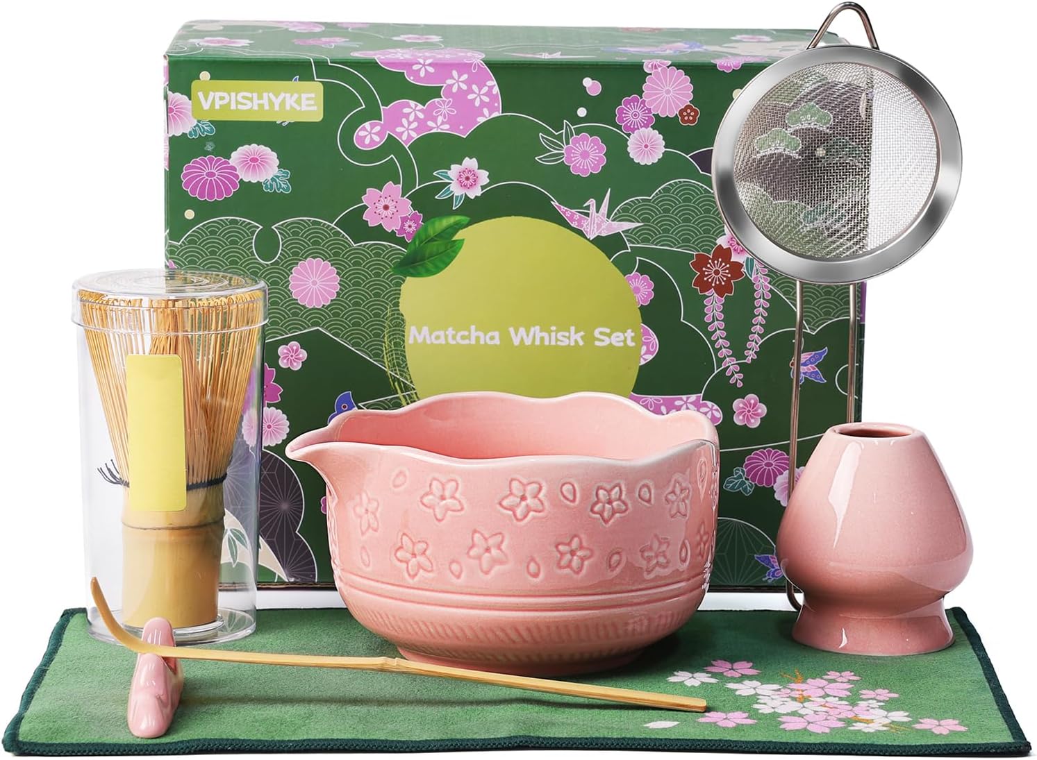Matcha Set, Matcha Tea Set 7 Pieces with Matcha Broom Bowl, Strainer & Accessories, Perfect Gift Premium Matcha Set for Traditional Japanese Lovers (Pink)