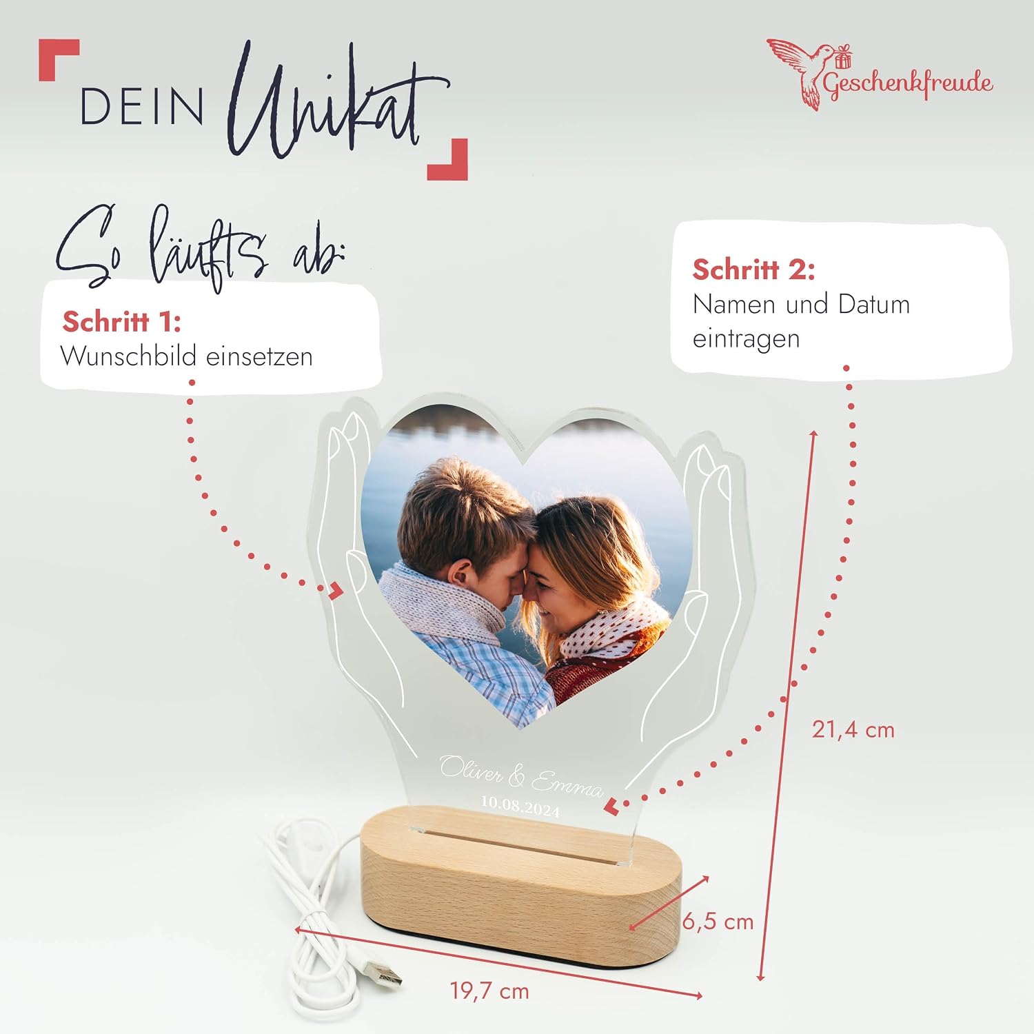 Geschenkfreude Personalised Picture with Photo and Text - Personalised Valentine's Day Gifts for Men and Women - Couple Gifts - Boyfriend and Girlfriend - Illuminated Picture Frame LED Acrylic – Bild 6
