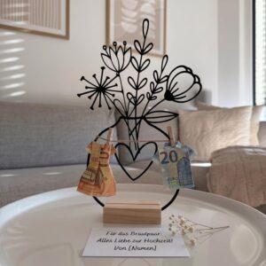 Creative Wedding Money Gift - Silhouette Acrylic Flower Vase with Wooden Base, DIY Set with Mini Wooden Pegs & Jute String - Modern Wedding Gift for Bride and Groom, Money Original Packaging
