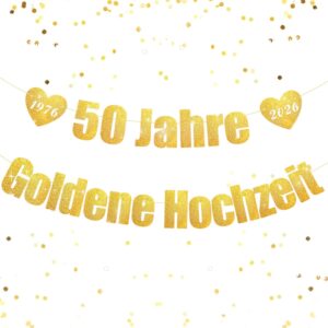 Golden Wedding Decoration, Golden Wedding Banner Garland, 50 Years 1976-2026 Glitter Gold Decoration for 50th Wedding Anniversary Party