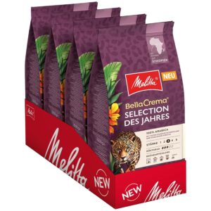 Melitta BellaCrema Selection of the Year Whole Coffee Beans, 4 x 1 kg, Unground, Coffee Beans for Fully Automatic Coffee Machines, Medium Roast, Roasted in Germany, Strength 3, in a Tray