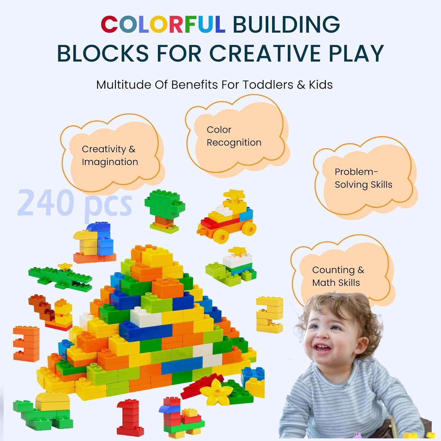 Large Building Blocks, 240 Pieces Stones in 9 Colours and 8 Sizes, Compatible - Gift for Children from 3 Years – Bild 3