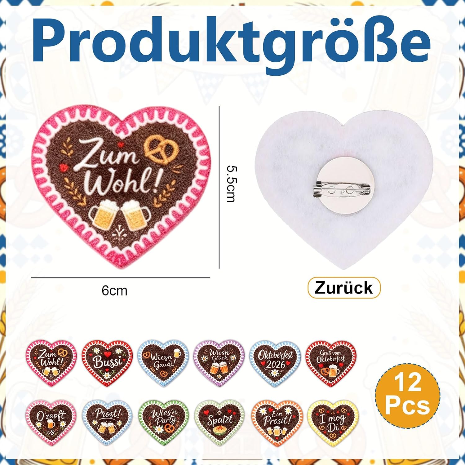 Pack of 12 Gingerbread Hearts Oktoberfest Badge Pin Heart Felt O'Zapft Is – Bild 2