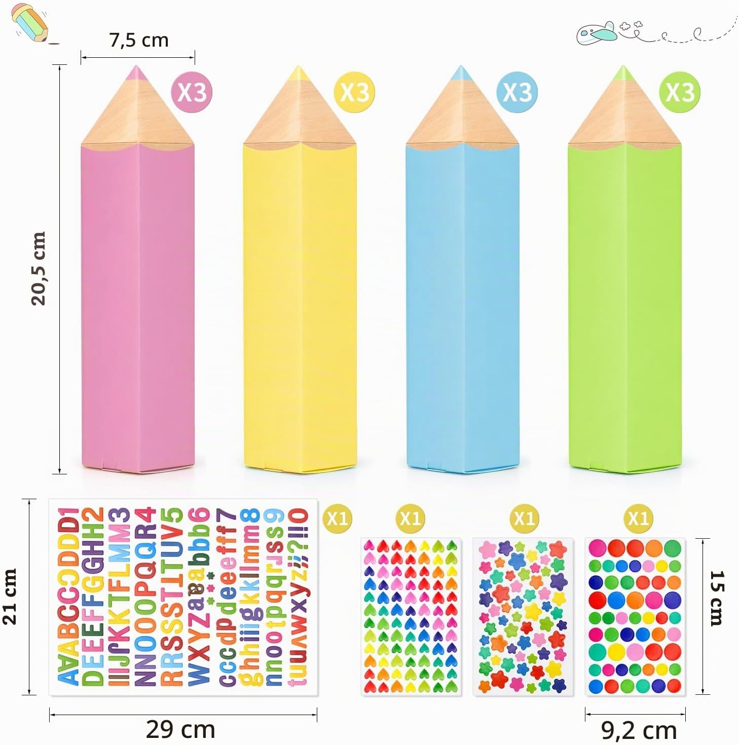 Pack of 12 Small School Cones, School Gift Box in Pencil Shape, Includes 4 Sheets of Stickers, Gift Bag for Girls and Boys – Bild 2