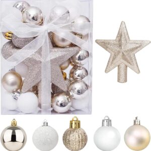 Pack of 30 Mini Christmas Baubles with Hanger, 3 cm Small Christmas Tree Baubles, Gold & White Baubles, Mini Christmas Tree, Table Christmas Tree Decoration Set