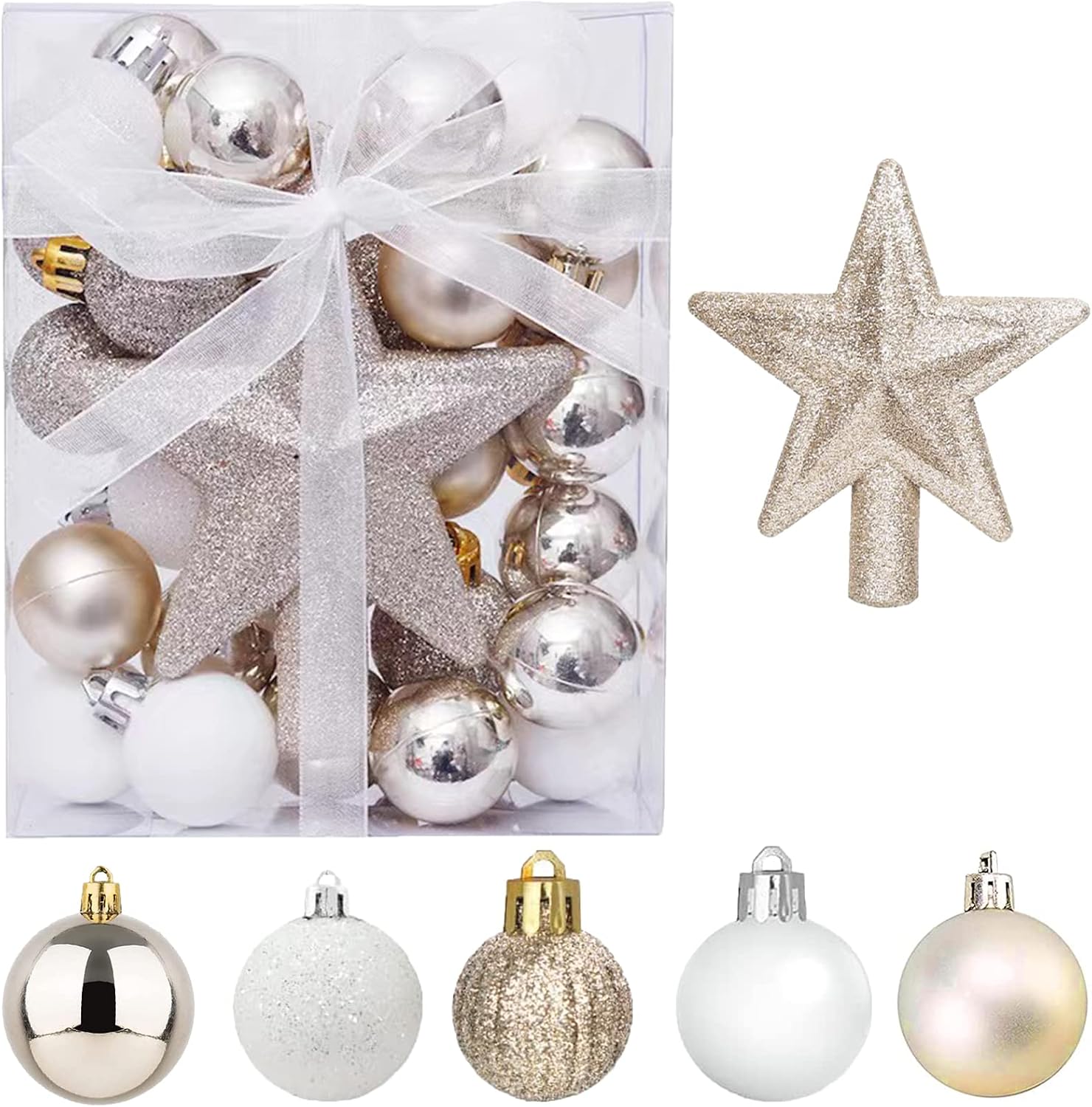 Pack of 30 Mini Christmas Baubles with Hanger, 3 cm Small Christmas Tree Baubles, Gold & White Baubles, Mini Christmas Tree, Table Christmas Tree Decoration Set