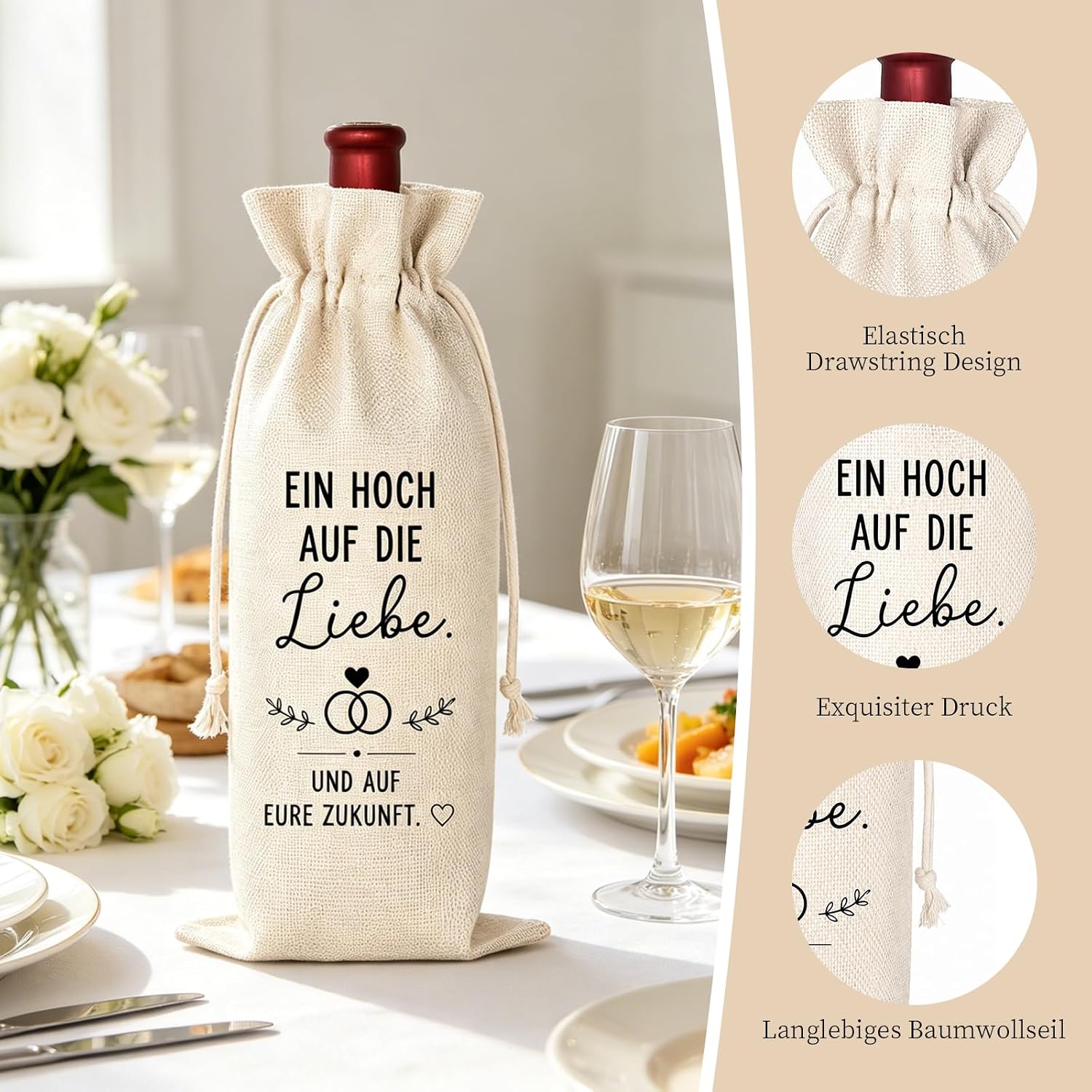 Wedding Gifts for Bride and Groom Elegant Engagement Gift Wine Bag as Wedding Gift Linen Bottle Bag Beautiful Gift Packaging with Love Saying Skandi Style – Bild 3
