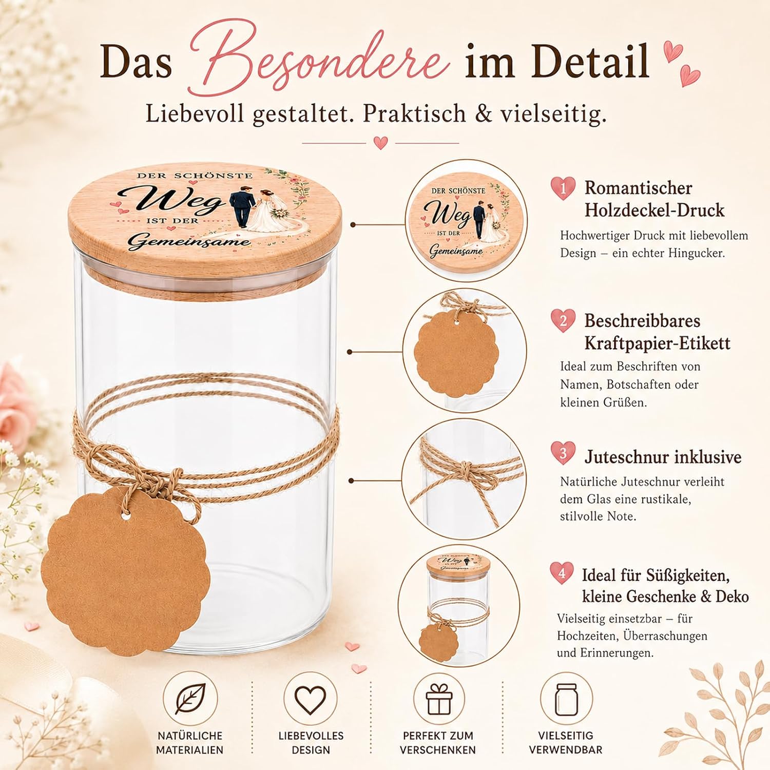 Wedding Gifts for Bride and Groom, Romantic Storage Jar with Wooden Lid – Bild 3