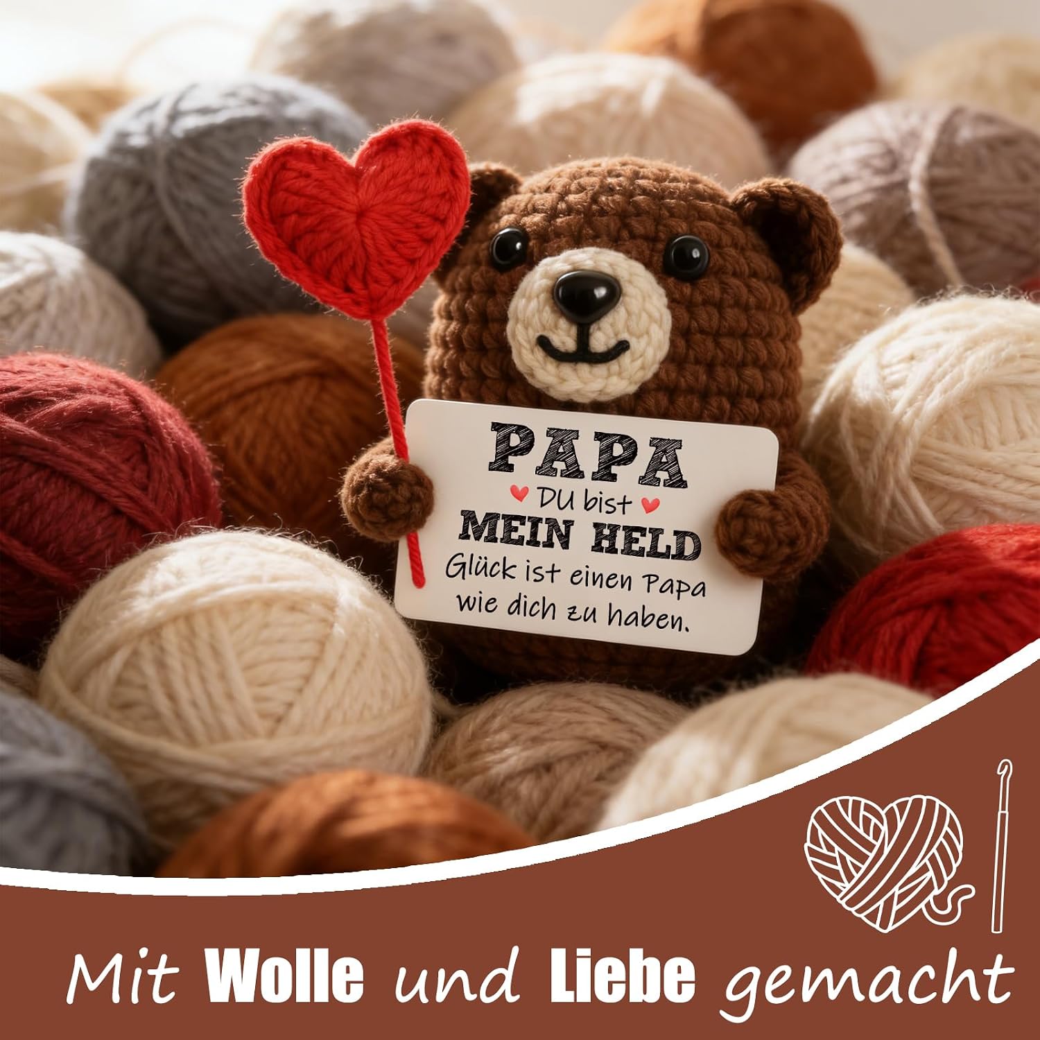 Tixlux Gift for Dad, Father's Day Gift, Happy Bear with Heart, Handmade Knitting Wool Bear Figure with Hug, Lucky Charm, Father's Day, Get Well, Christmas – Bild 5