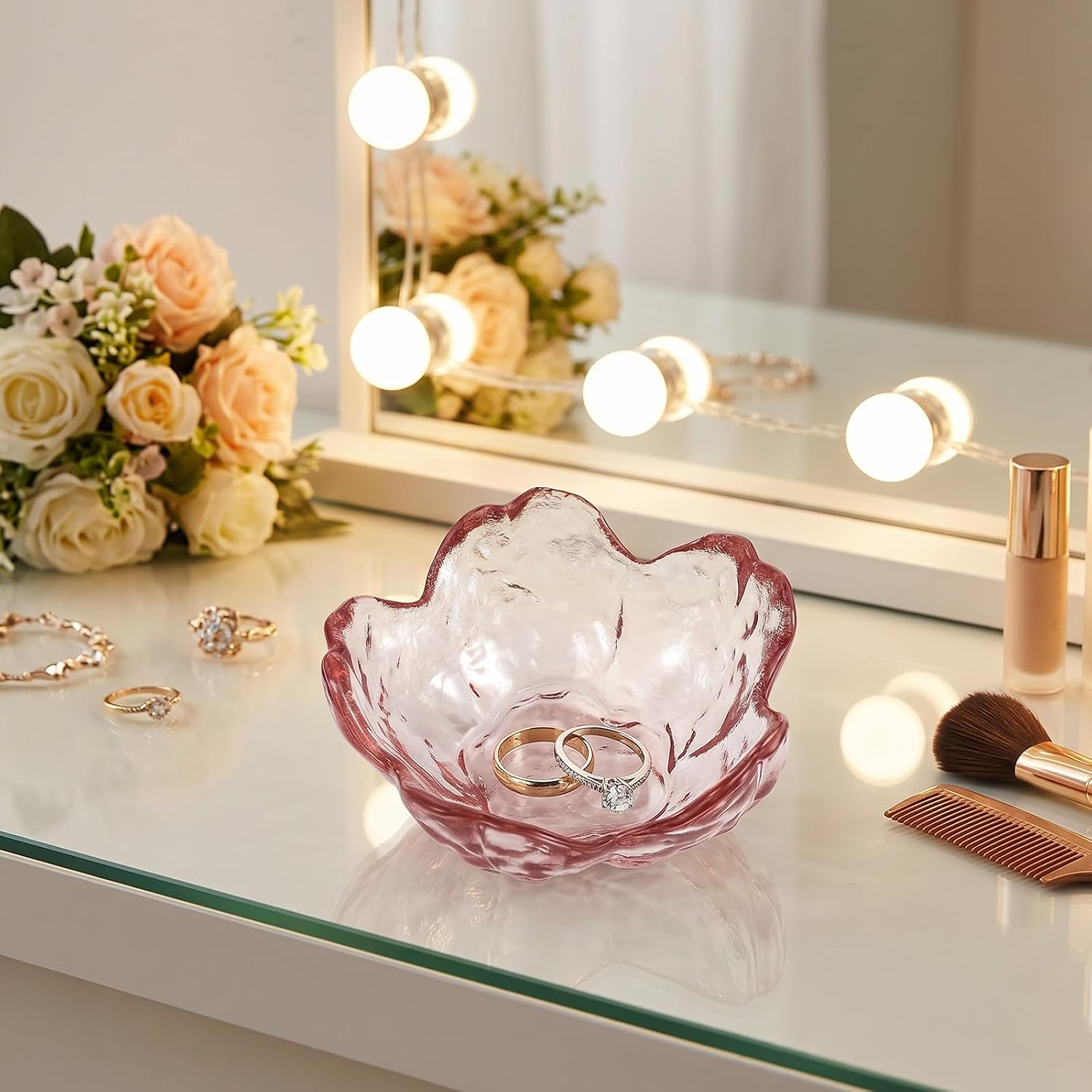 Bremorou Jewellery Tray with Pink Flower Jewellery Tray Cute Dressing Table Organiser Ring Holder Jewellery Tray for Aesthetic Room Decoration Bedside Table (8 x 8 x 3.5 cm) – Bild 6