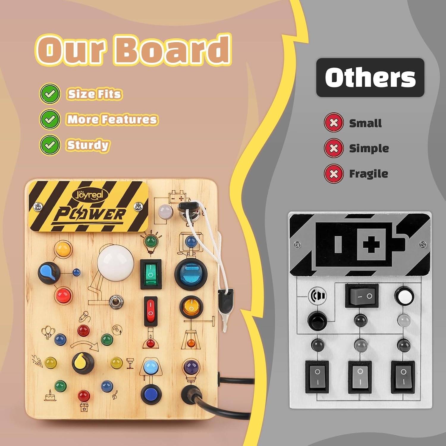 Joyreal Busy Board Baby Montessori Toy from 1 Year, Motor Skills Toy Activity Board with 19 LEDs, Sensory Toy Wooden Toy Educational Toy, Gift Boys and Girls from 1 2 3 Years – Bild 4