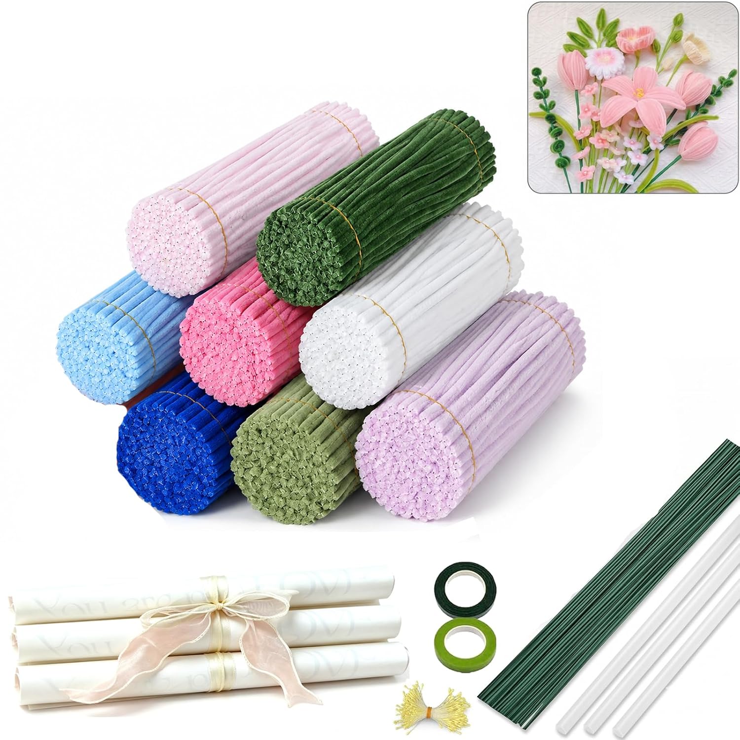 Pipe Cleaner Flower Set, 800 Pieces DIY Flower Craft Set, 8 Colours Pipe Cleaners with Flower Wire & Accessories, Creative Bouquets Crafts