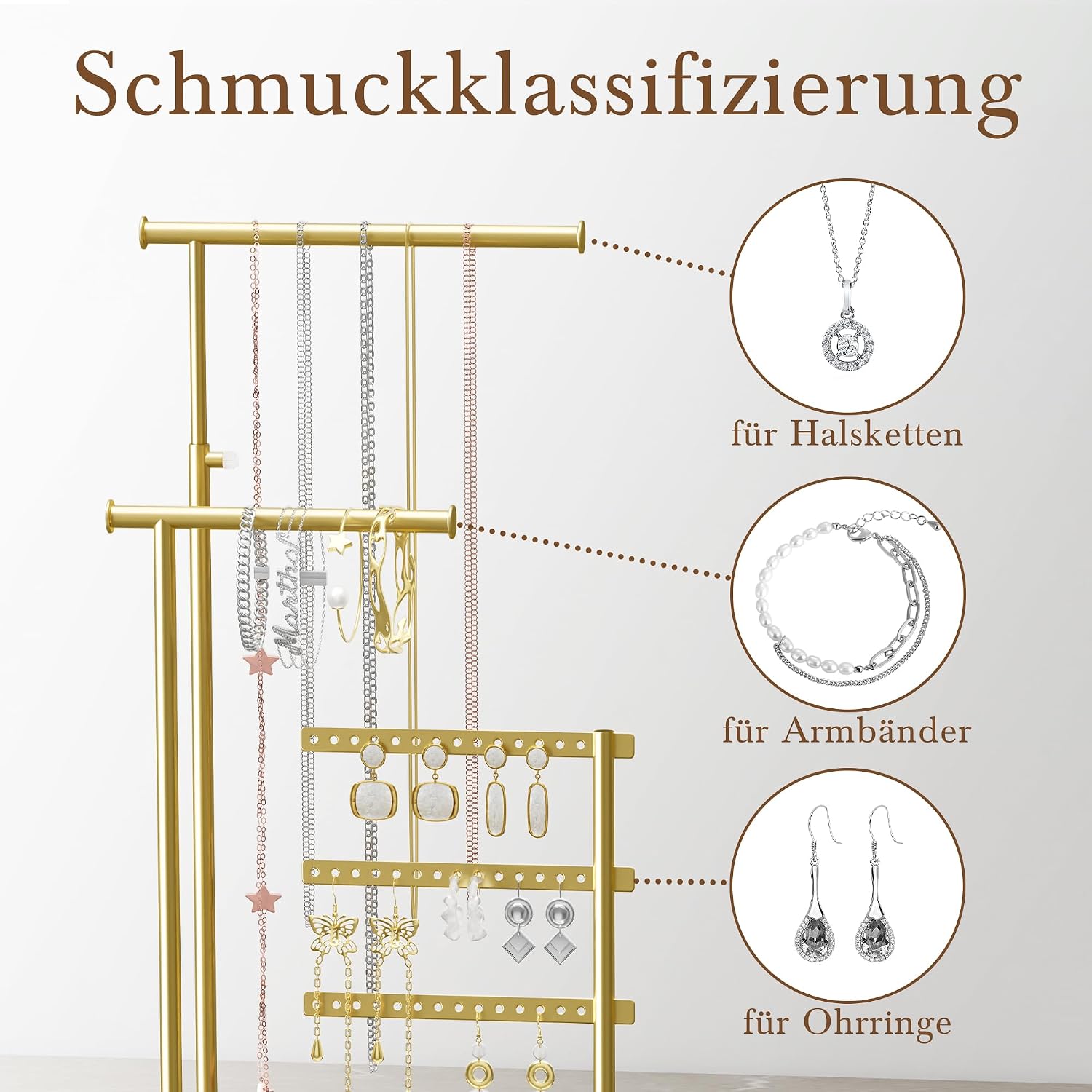 Gold Jewellery Organiser - 3 Bars Jewellery Stand, Jewellery Storage for Earrings, Bracelets, Necklaces, Perfume, Decorative Aesthetic Accessories for Dressing Table, Adjustable Angle and Height 37 cm (Max) – Bild 3
