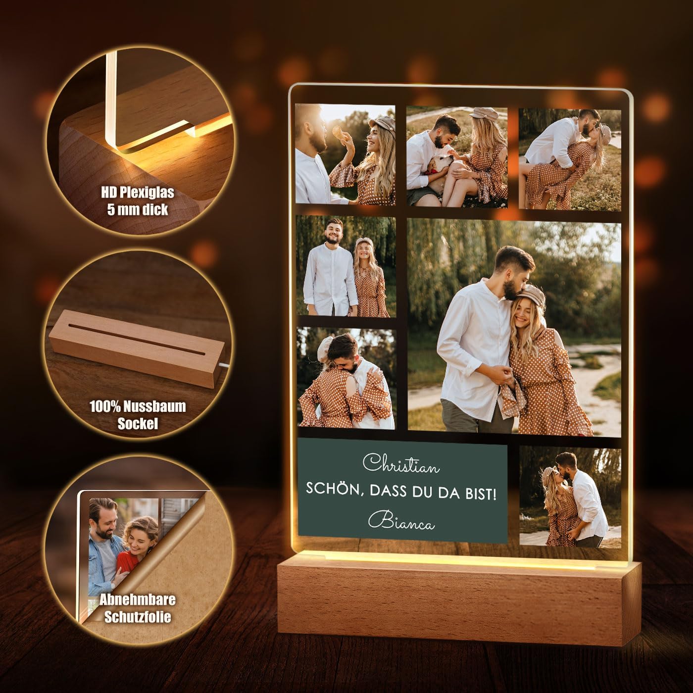 Maverton Illuminated LED Frame with Wooden Stand – Personalised Acrylic Glass Picture with Own Photo with LED Lighting – Glass Photo for Men for Birthday – Size: 15 x 24 x 4.5 cm – Collage – Bild 2