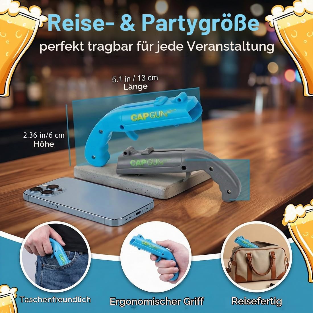 Bottle Opener Gun Pack of 2, Funny Shot Beer Opener with Cap Gun Function, Beer Gifts for Men - Ideal for Home, Bar, Party, Birthday & Christmas (Blue and Grey) – Bild 2