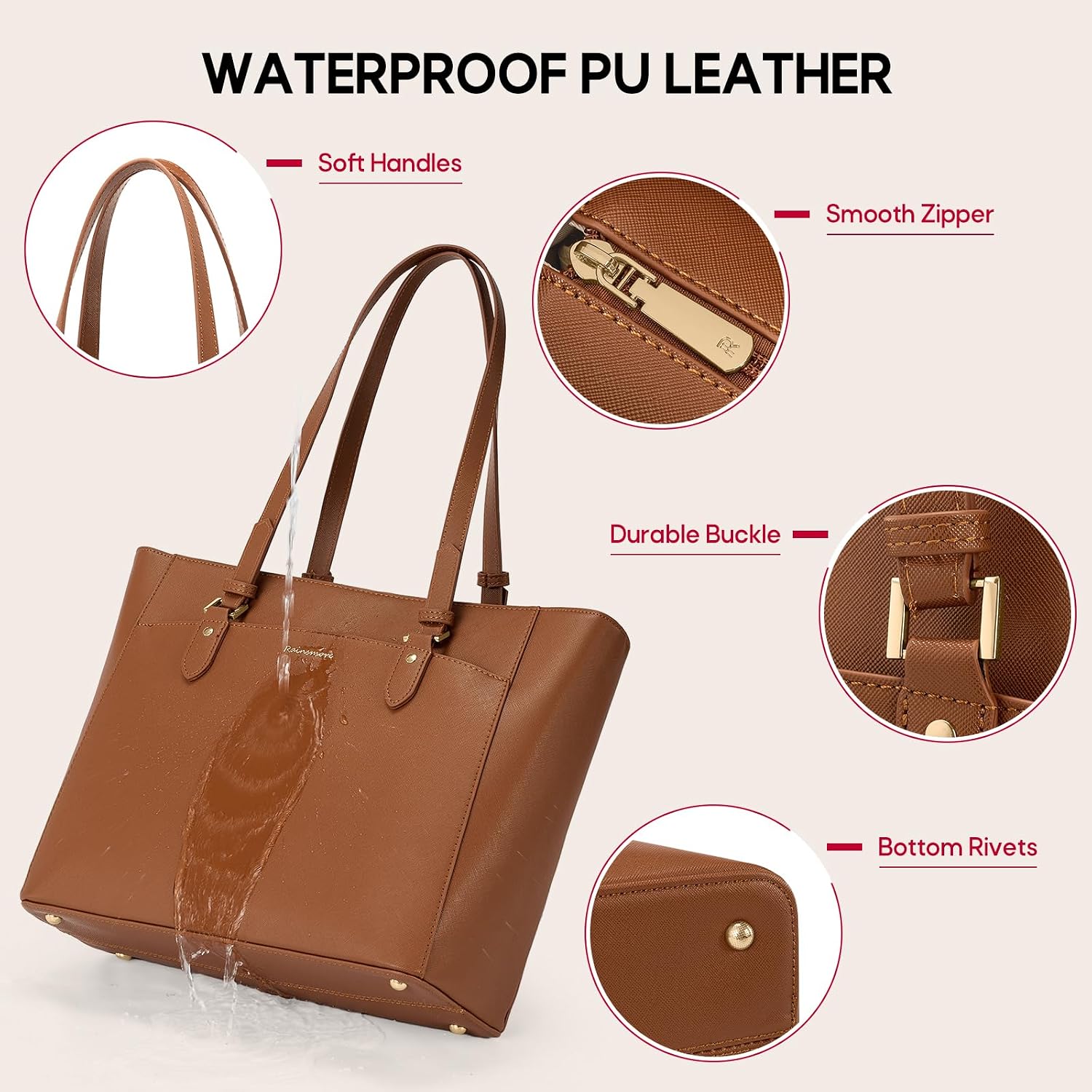 RAINSMORE Handbag Women's Large Shopper Bag Women's Waterproof PU Leather, brown, Shopper – Bild 6