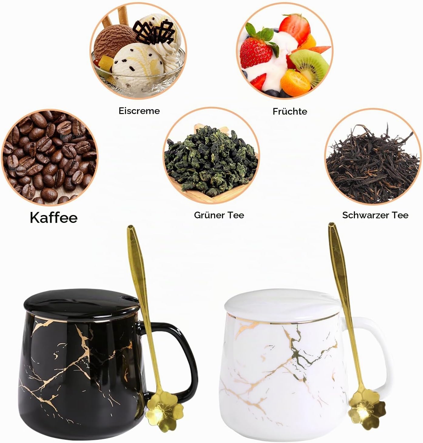Set of 2 Coffee Cups 380 ml Ceramic, Espresso Cups, Marble Coffee Cups for Tea, Coffee, Milk, Cappuccino, with Lids and Lid, Women's Birthdays, Valentine's Day, Mother's Day, Wedding, Gifts – Bild 5