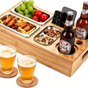 Coffee Bar Snack Box, Bamboo Sofa Tray with 2 Drink Holders