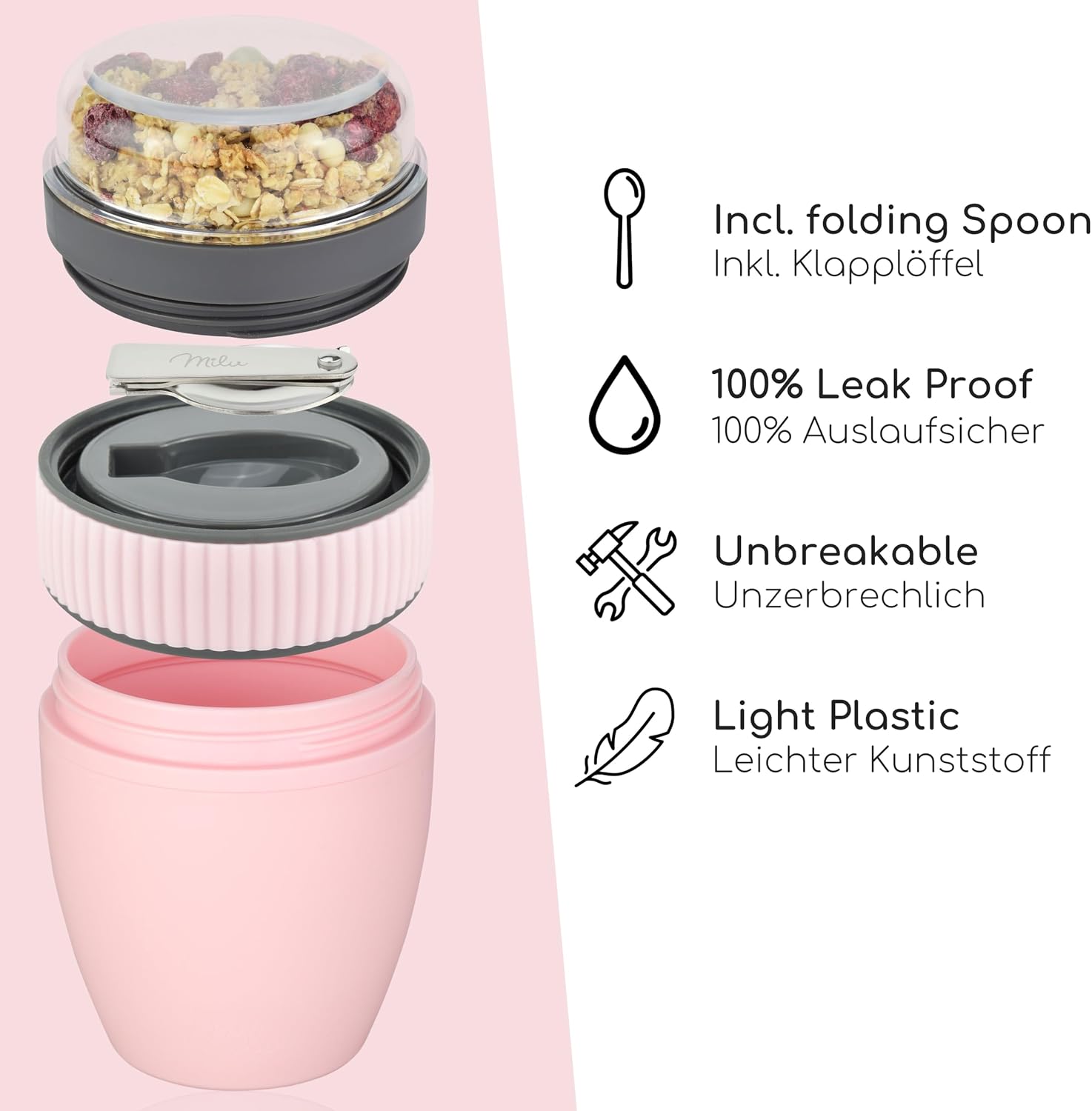 Milu Cereal Cup to Go, 400 ml, MüsliMax, Plastic Yoghurt Cup for Cereal, Leak-Proof Cup with Spoon for Yoghurt/Porridge (Pink) – Bild 3