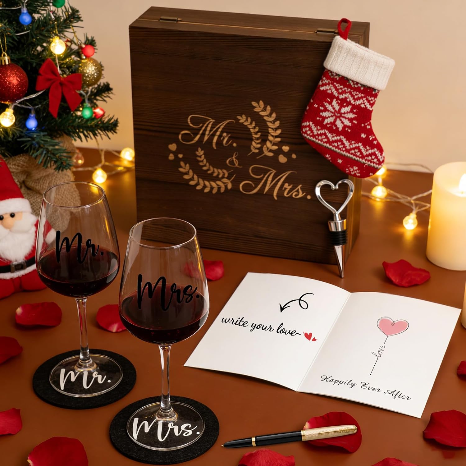 Wedding Gifts for Bride and Groom Mr and Mrs, 2 Wine Glasses with Engraving & 1 Wine Stopper & 2 Coasters, Personalised Engagement Gift Set in Wooden Box, Wedding Gift (Wedding) – Bild 8