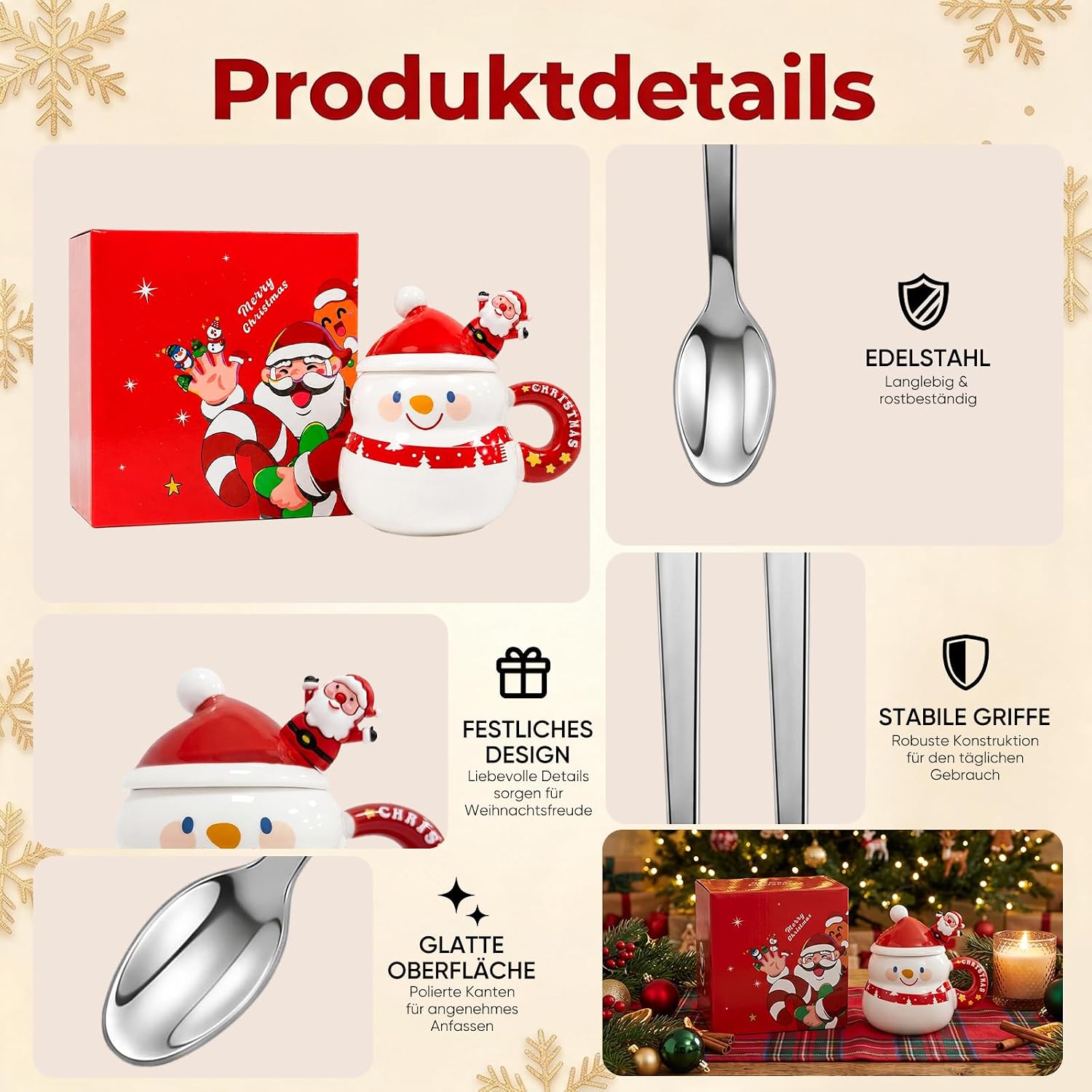 Christmas Mugs 360 ml Ceramic Snowman with Spoon Christmas Cups Box – Bild 3