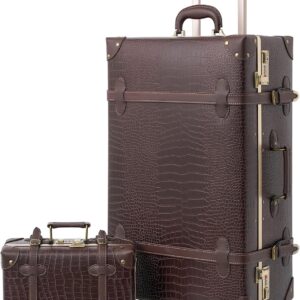 Urecity Vintage Suitcase with 4 Wheels Trolley Suitcase Travel Suitcase Lightweight Retro Hard Shell Suitcase 2-Piece with 12 Inch Small Case (Crocodile Embossing Brown, S (12 inches) + M (20 inches))