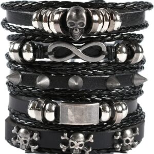 Pack of 5 Black Leather Bracelet Men’s Braided Wide Bracelets, Punk Braided Bracelet for Men Braided Cuff Wrap Set, Rock Skull Gothic Decoration Adjustable