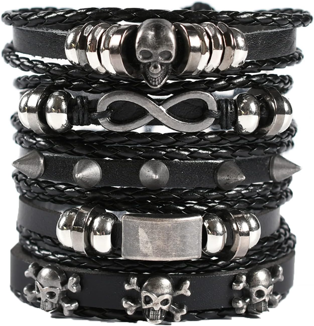 Pack of 5 Black Leather Bracelet Men's Braided Wide Bracelets, Punk Braided Bracelet for Men Braided Cuff Wrap Set, Rock Skull Gothic Decoration Adjustable