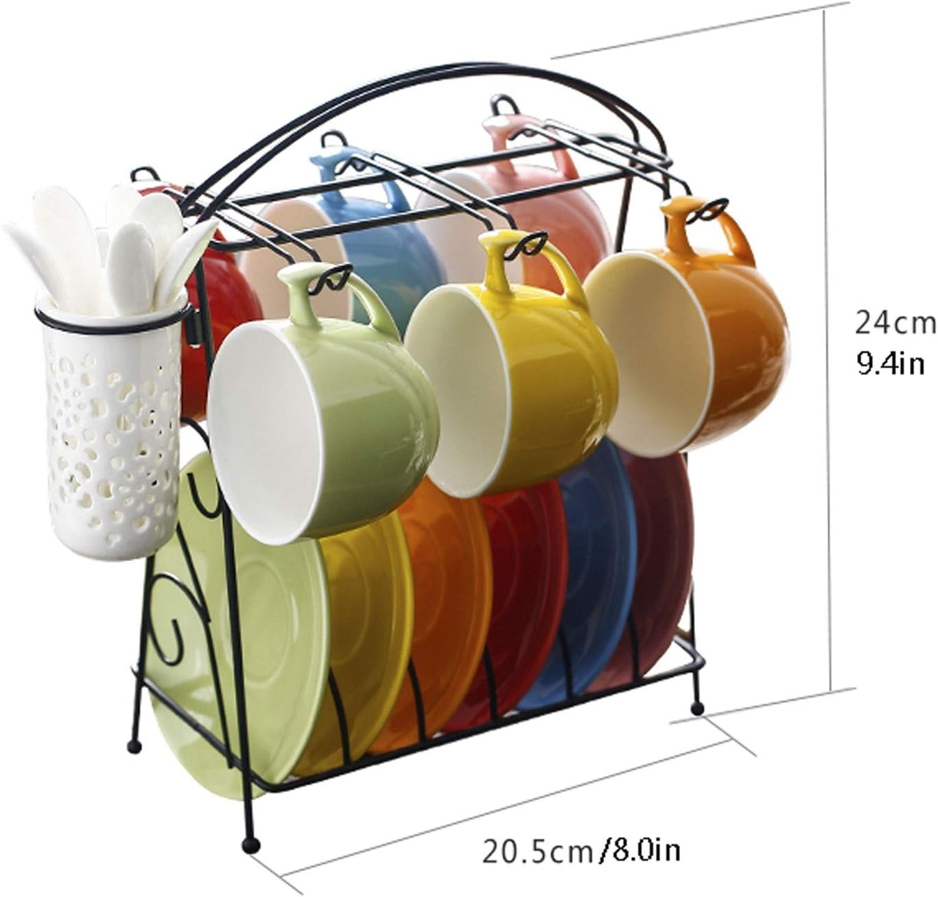 Coffee Cups Mug Rainbow Color Ceramic Coffee Tea Gift Set Bright Coloured Latte Cup Tea Cup Saucer and Teaspoon (Holds 6 People) with Stand Gifts for Women Men – Bild 2