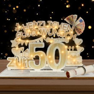 Gifts for Women Men Personalised – Gifts Decoration with LED, Gifts Made of Wooden Birthday Man Woman, Money Gifts Birthday Wood for Boys and Girls (50 Gifts Decoration)