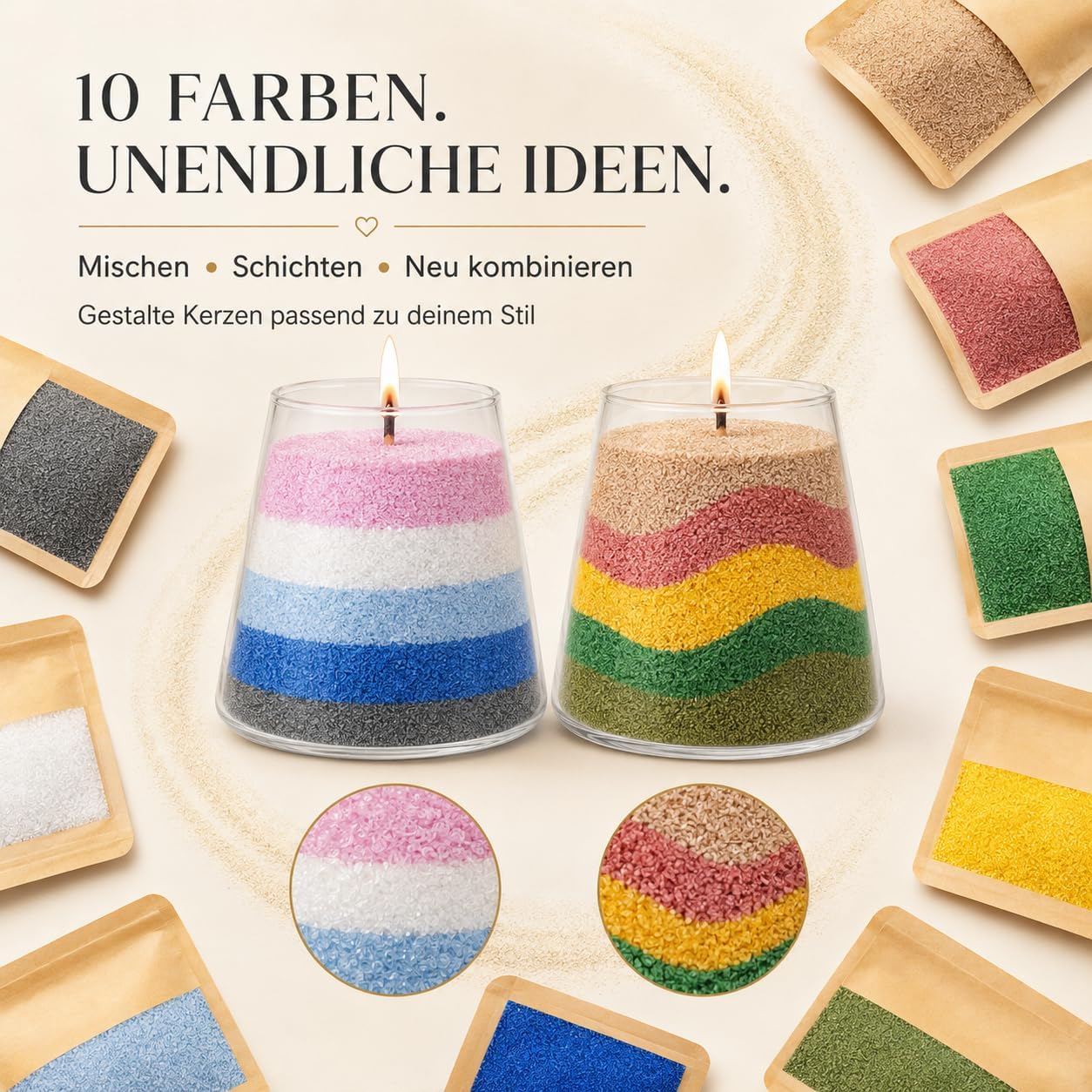 ZaejjaeY Candle Sand with Wick Set in 10 Colours with 2 Candle Jars, 10 Candle Wicks and Spoons, 500g Wax Granules for Candles, DIY Candles, Creative DIY Kit for Adults – Bild 5