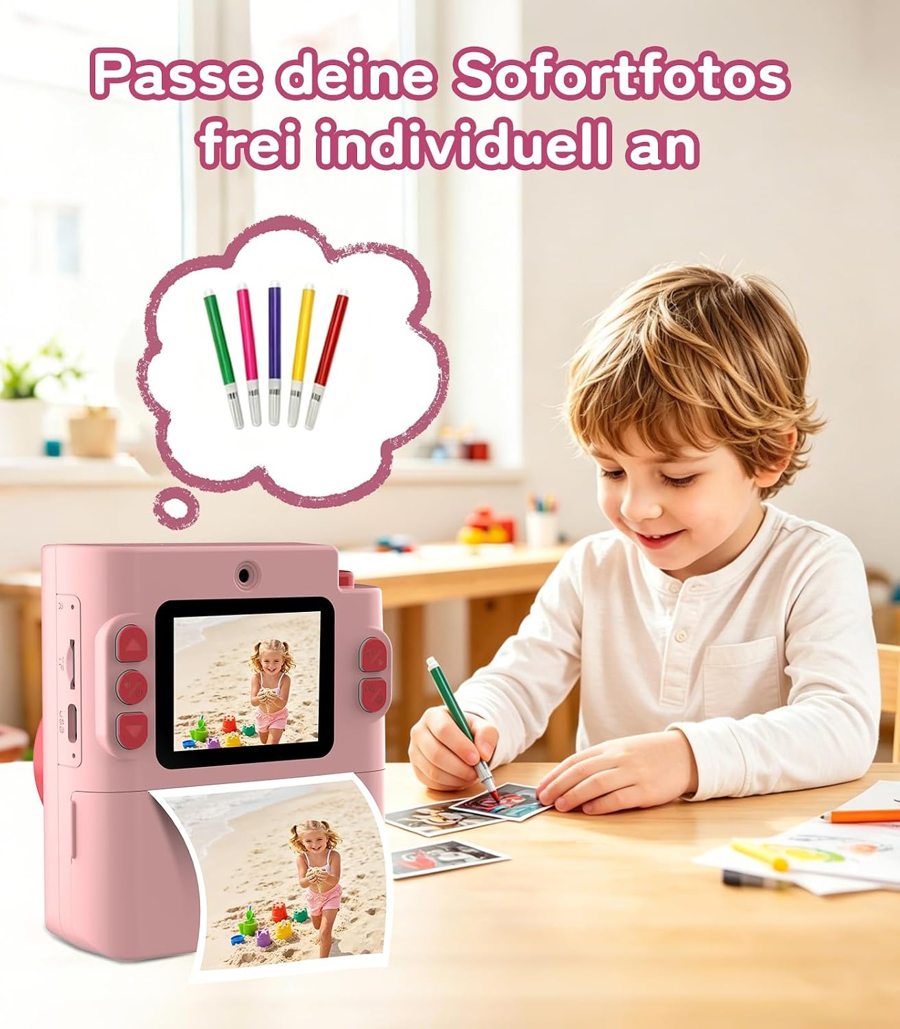 Kids Instant Camera with 32GB Memory Card, Pink, 2.0 Inch LCD Screen, Dual Camera, 1080P Video, 16X Digital Zoom, Type-C, 3 Rolls Printing Paper and Colouring Pencils, Gift for Kids – Bild 3