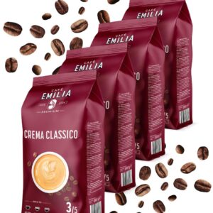 EMILIA Crema Classico Coffee Beans 4 x 1 kg - Premium Coffee Whole Beans - Medium Roast (Thickness 3/5) - Matched to Fully Automatic Coffee Machine & Portafilter - as Café Crema, Latte & Café au Lait