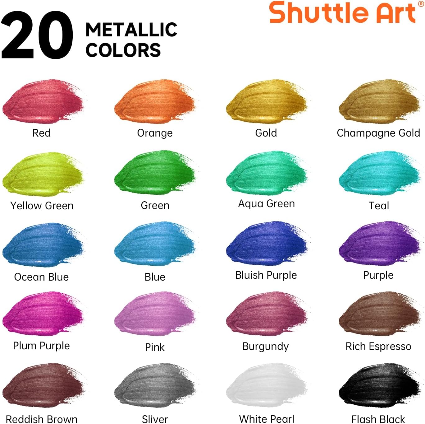 Shuttle Art 20 x 60 ml Metallic Acrylic Paint Set with 10 Brush Set and 1 – Bild 3