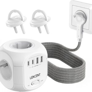 LENCENT 4-Way Socket Strip, Flat Plug, Socket Cube, 8-in-1 Power Strip, with 3 USB A and 1 USB C Port, 2-Metre Braided Cable, for Wall Socket