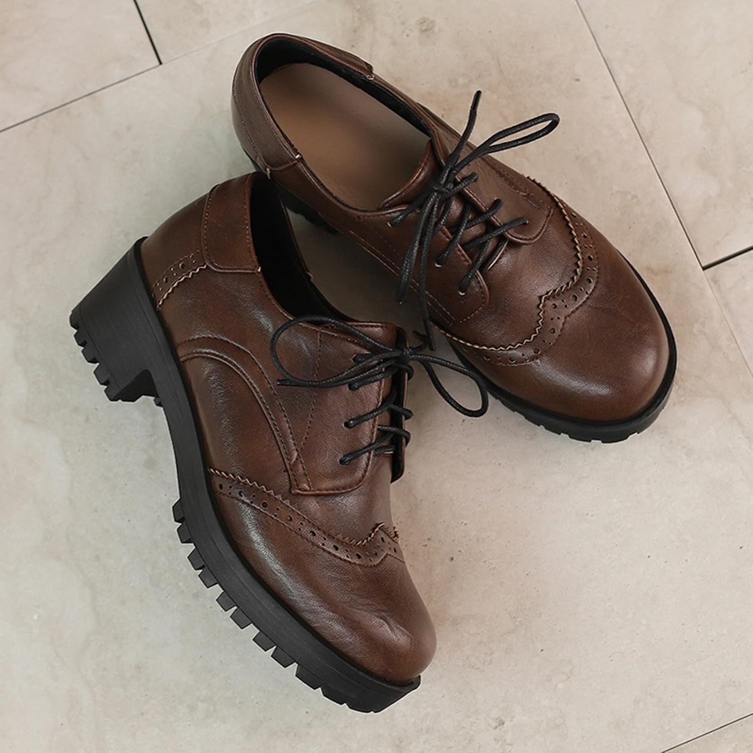 Leather Shoes Women's Classic Business Shoes Pumps Lace Up Vintage Oxford Business Shoes with Block Heel – Bild 3
