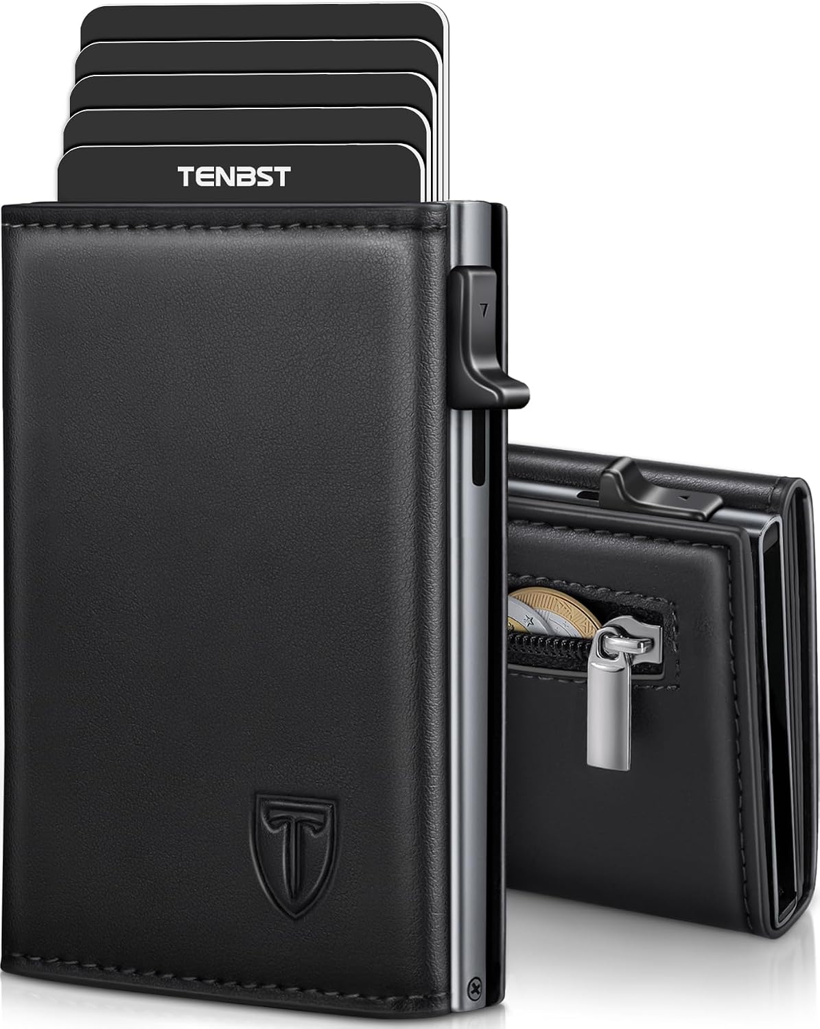 TENBST Men's Wallet with Coin Compartment and RFID Protection, Slim Wallet Premium Wallet, 10 Card Slots + Wallet, Card Holder Men, Gifts for Father's Day - Grey/Black