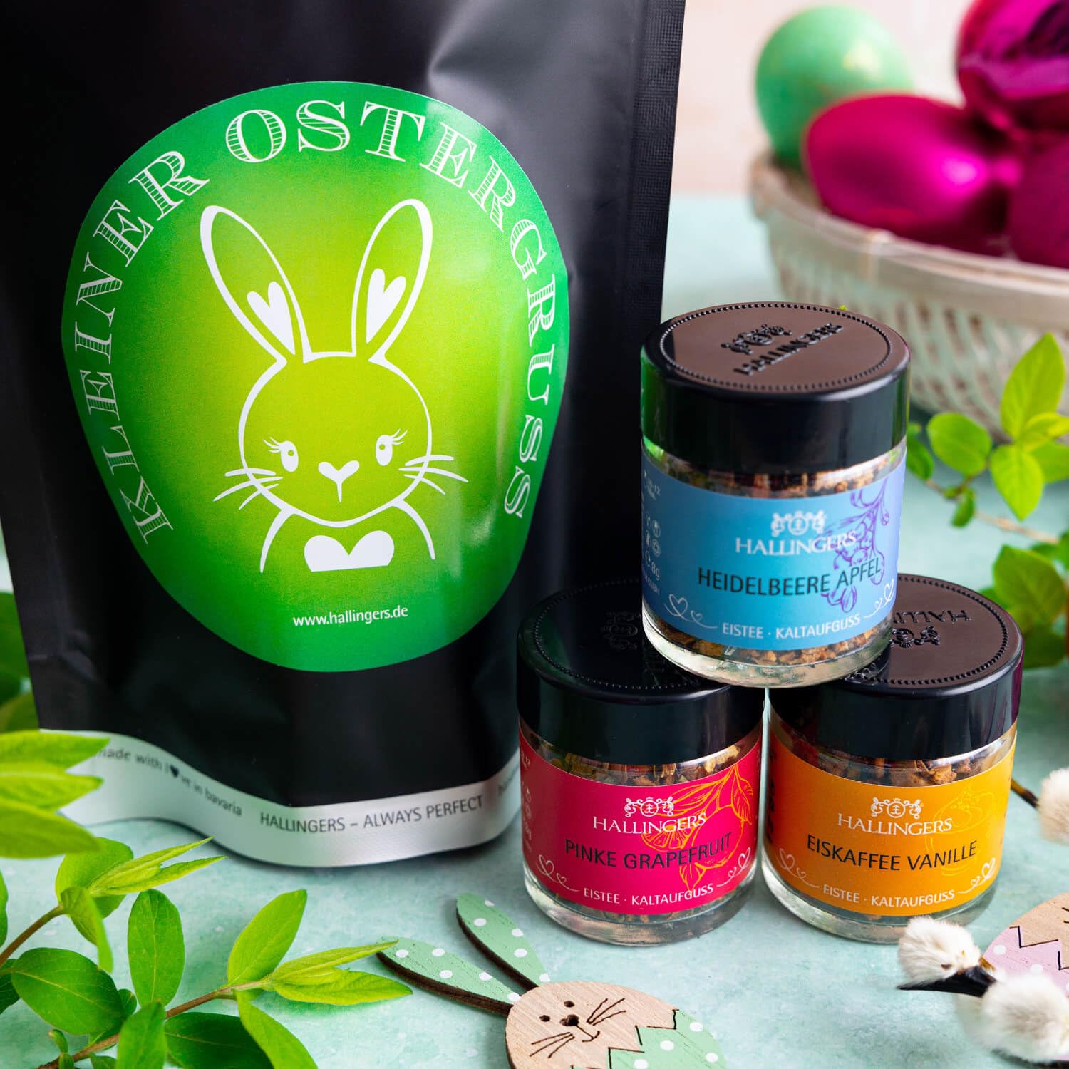 Hallingers Genuss Manufaktur Delicatessen Easter Gift Set – Value in a Wonder Bag "Little Easter Gr..." Small Easter Nest 3 Coldbrew Easter Iced Teas in Cold Infusion, Easter Basket for Women Men – Bild 2