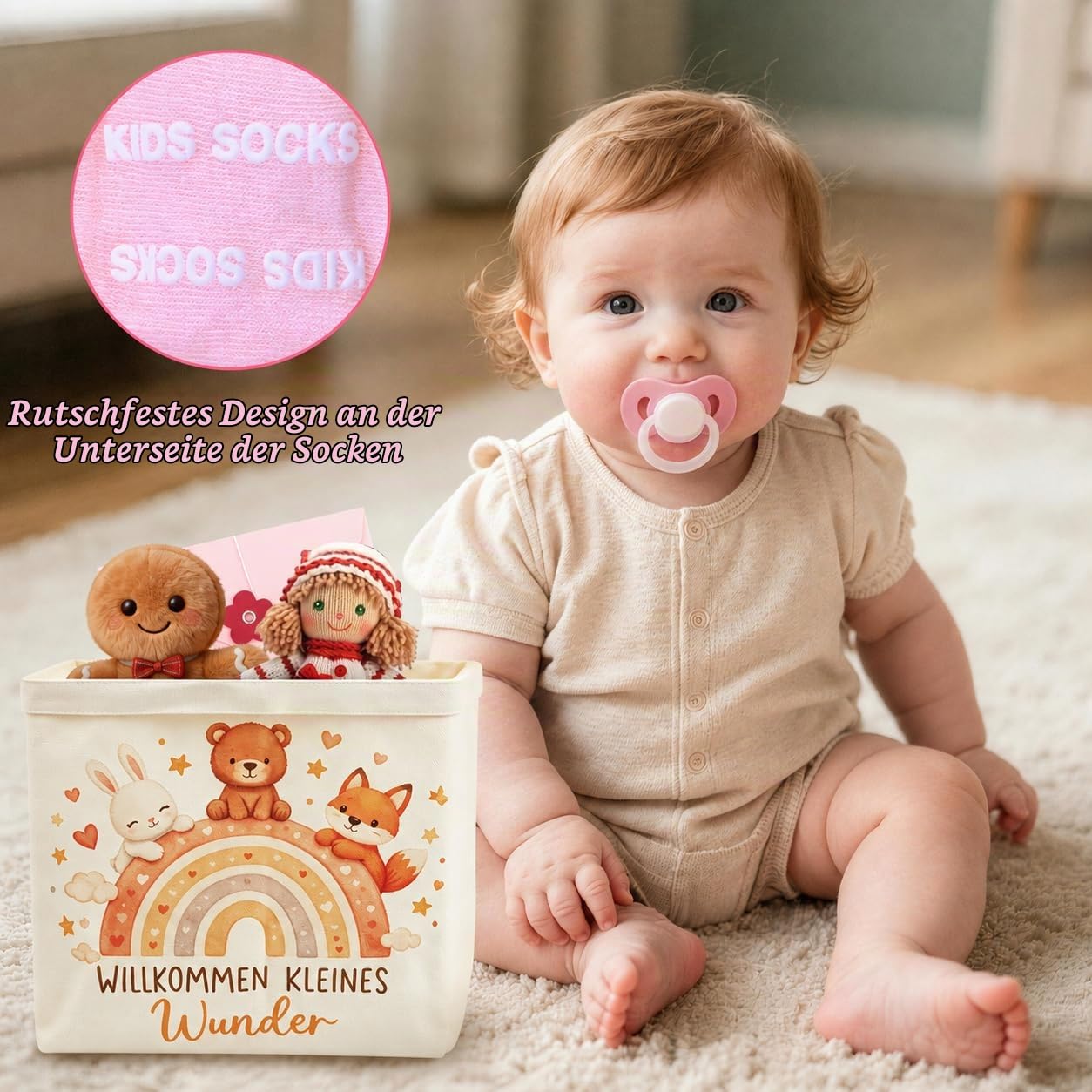 Baby Gift Set Girls Newborn Gift Box 7-Piece Nappy Bag Cuddly Cloth Teether Bib Socks Greeting Cards Envelope Gift for Birth Baby Shower Baby Set for Girls (Pink) – Bild 3